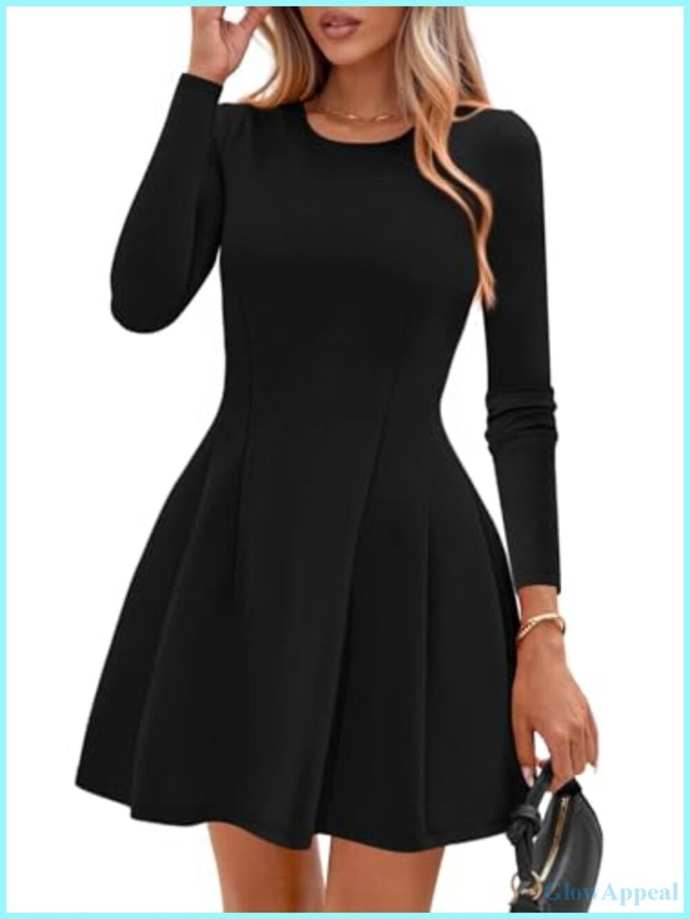 Womens Long Sleeve Pleated Mini Dress A-Line Knit Babydoll
